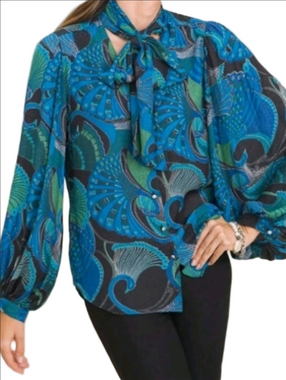 Chico's Peacock Print Satin Jacquard Tie Neck Balloon Sleeve Button Down Blouse